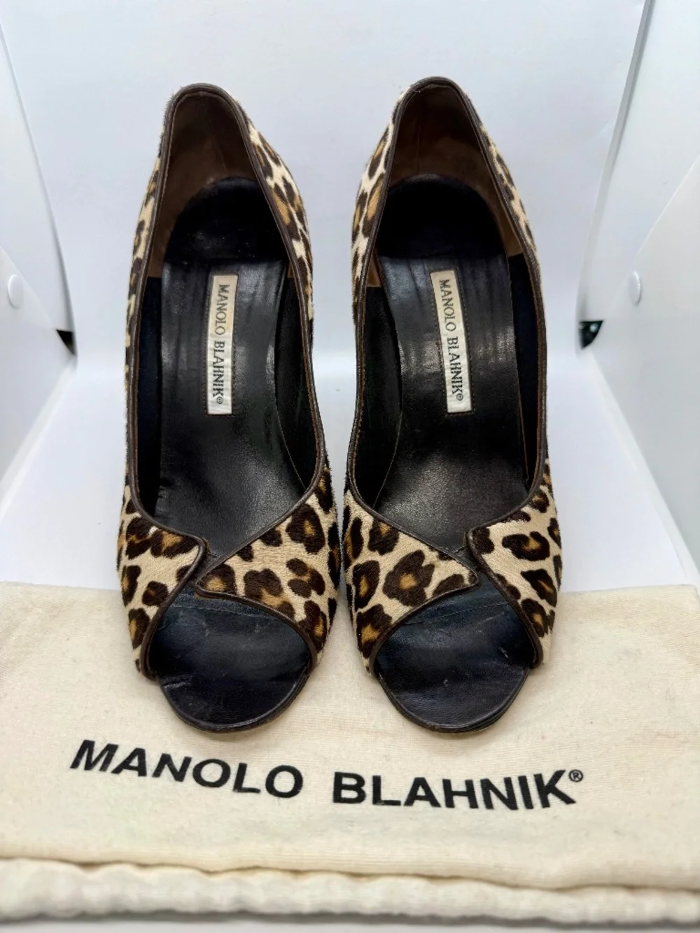Manolo Blahnik Leopard Pony Hair Peep-Toe Pumps 39